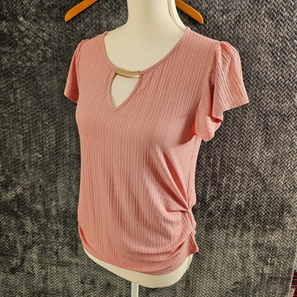 Love J Pink Ribbed Flutter Sleeve Top Gold Bar Keyhole Ruched Side Womens Medium